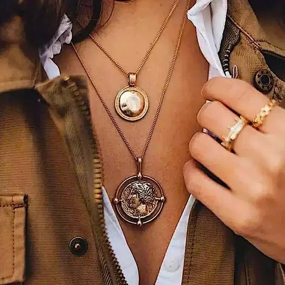 Gold Coin Pendant Necklace, Multilayer, Charm, Boho, Medallion - Picture 2 of 12